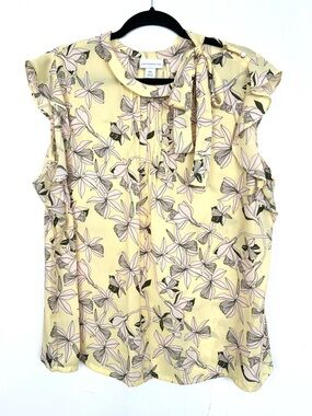 Liz Claiborne Yellow Floral Sleeveless Blouse Chiffon TieNeck Ruffle XXL